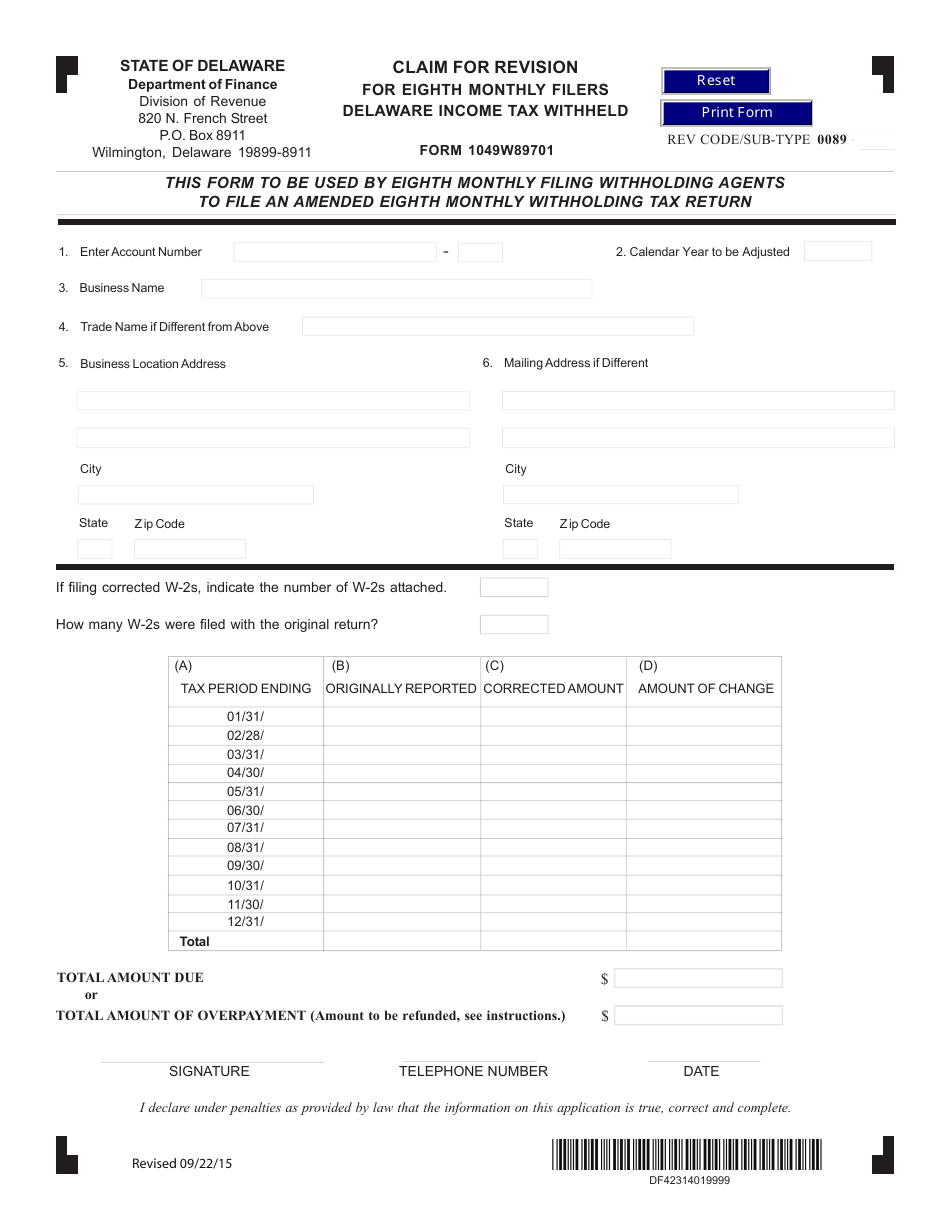 Form 1049W89701 Claim for Revision for Eighth Monthly Filers Delaware Income Tax Withheld - Delaware, Page 1