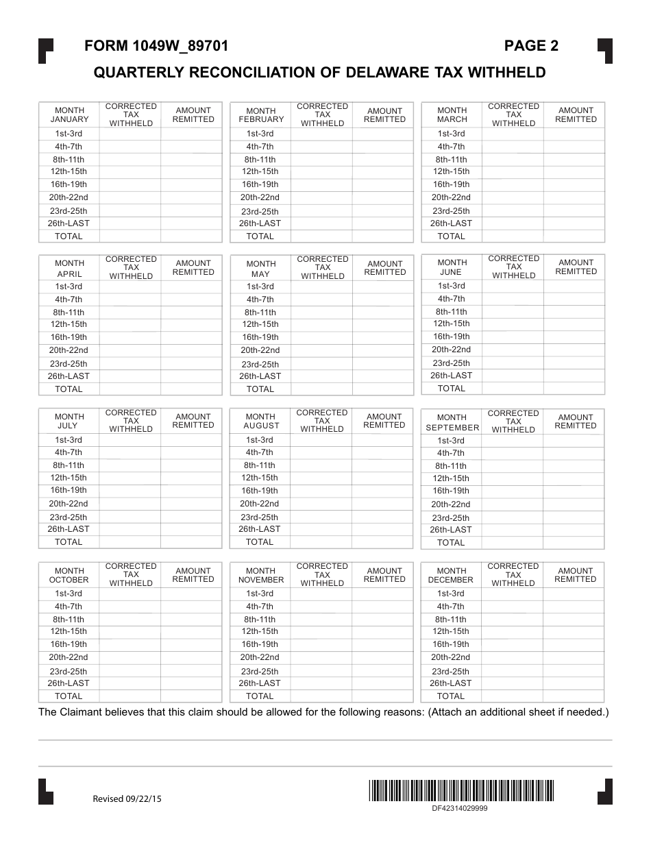 Form 1049W89701 Claim for Revision for Eighth Monthly Filers Delaware Income Tax Withheld - Delaware, Page 2