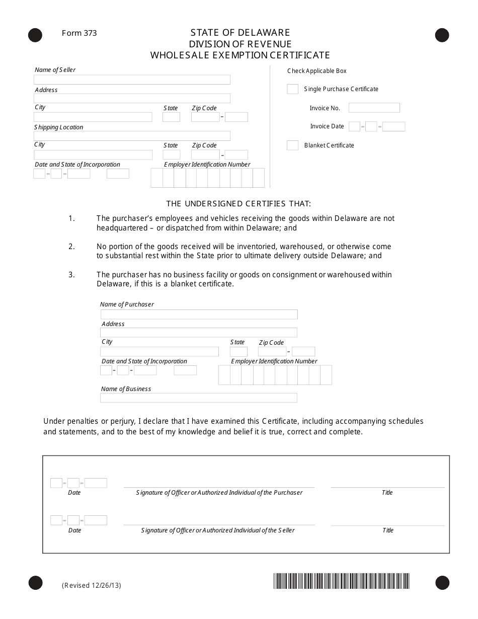 Form 373 Wholesale Exemption Certificate - Delaware, Page 1