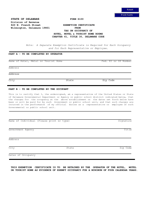 Form 6100 Exemption Certificate From Tax on Occupancy of Hotel,motel & Tourist Home Rooms - Delaware