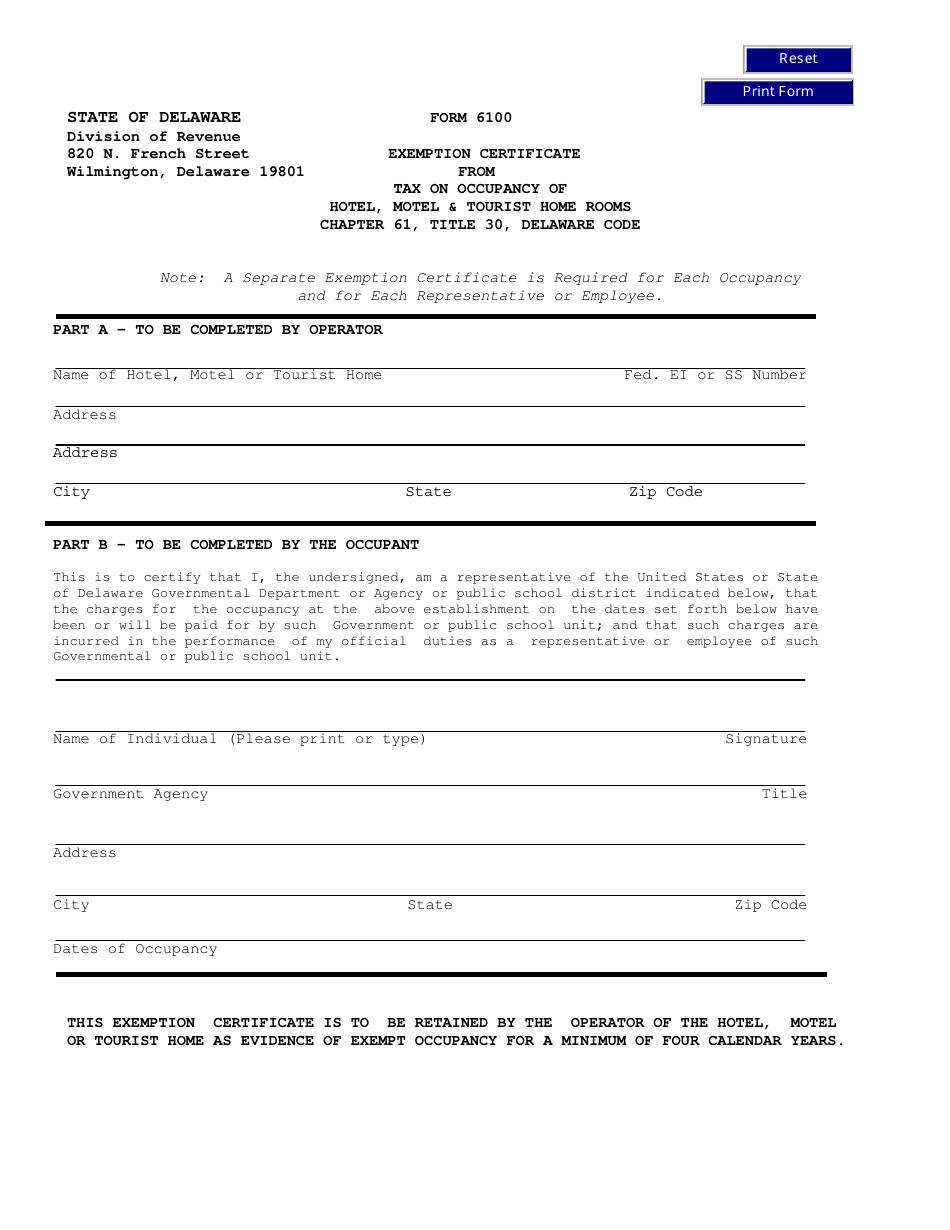 Form 6100 Exemption Certificate From Tax on Occupancy of Hotel,motel  Tourist Home Rooms - Delaware, Page 1