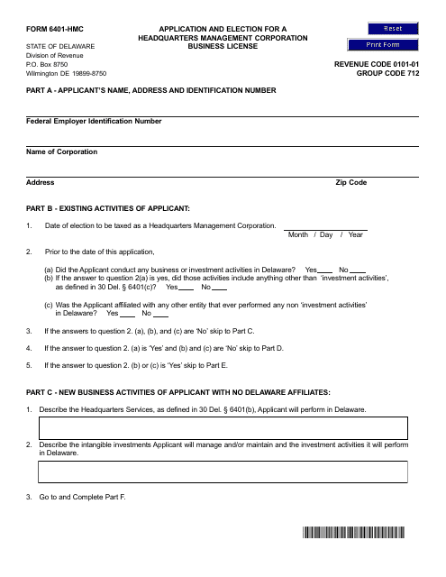 Form 6401-HMC Application and Election for a Headquarters Management Corporation Business License - Delaware