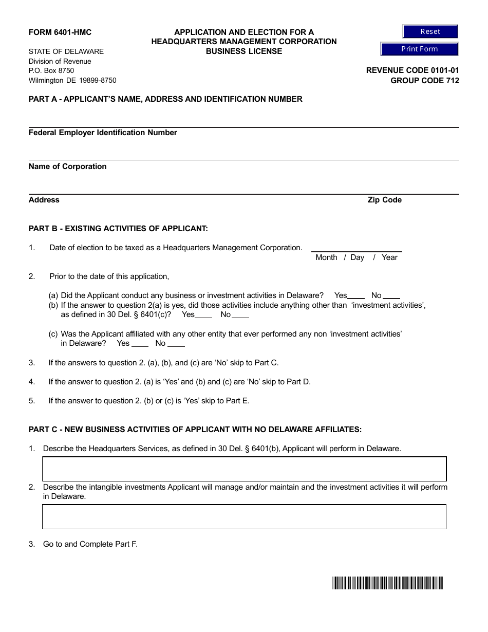 Form 6401-HMC Application and Election for a Headquarters Management Corporation Business License - Delaware, Page 1