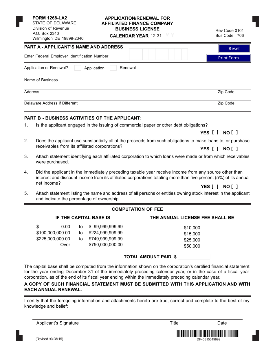Form 1268-LA2 Application / Renewal for Affiliated Finance Company Business License - Delaware, Page 1