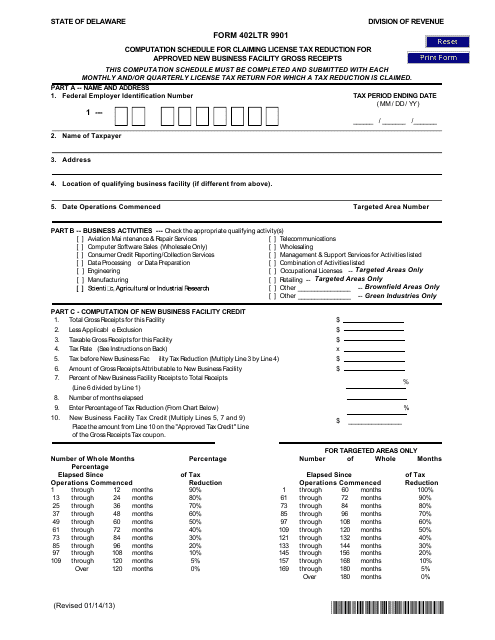 Form 402LTR 9901 Computation Schedule for Claiming License Tax Reduction for Approved New Business Facility Gross Receipts - Delaware
