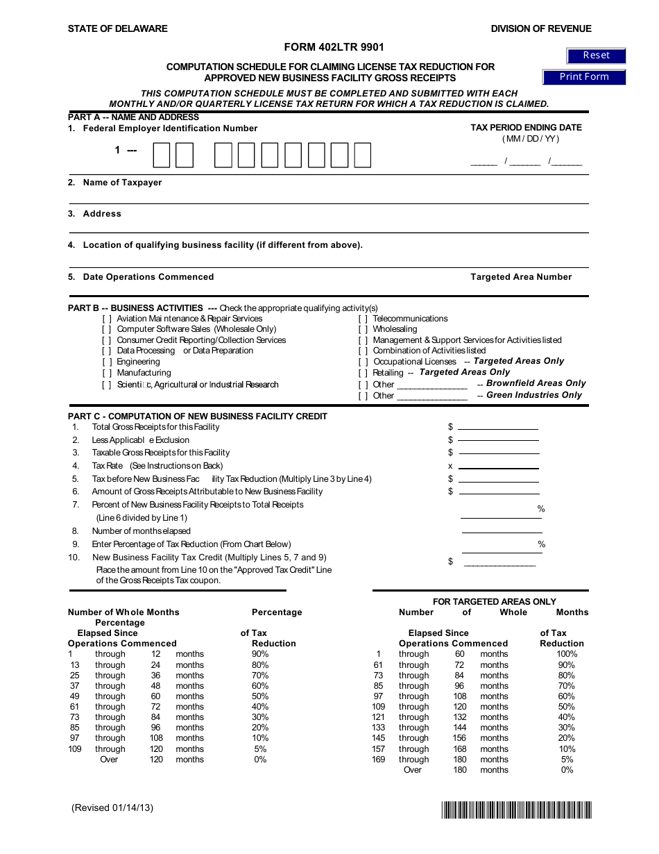 Form 402LTR 9901 Computation Schedule for Claiming License Tax Reduction for Approved New Business Facility Gross Receipts - Delaware, Page 1