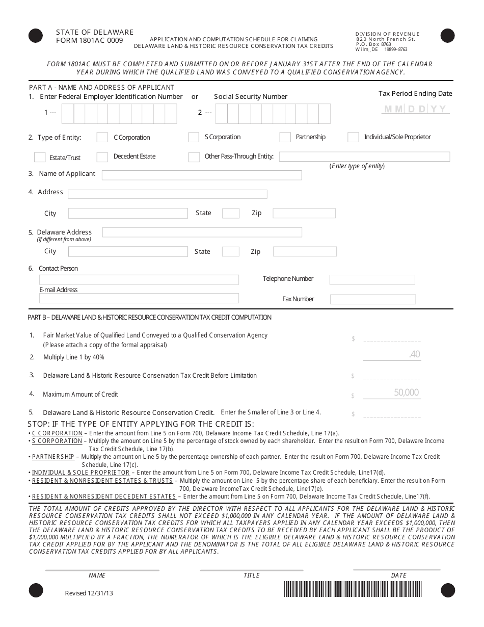 Form 1801AC 0009 Application and Computation Schedule for Claiming Delaware Land  Historic Resource Conservation Tax Credits - Delaware, Page 1