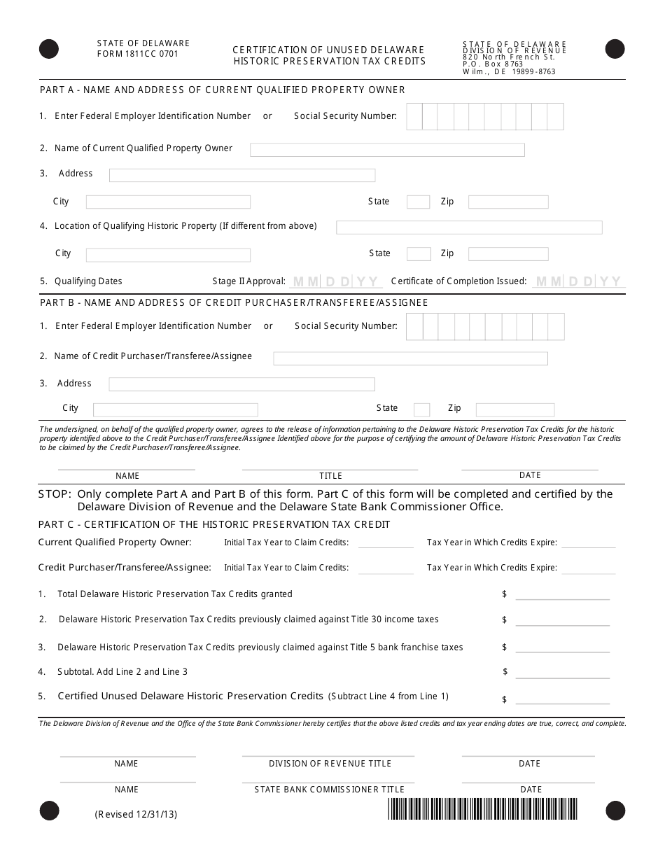 Form 1811CC 0701 Certification of Unused Delaware Historic Preservation Tax Credit - Delaware, Page 1