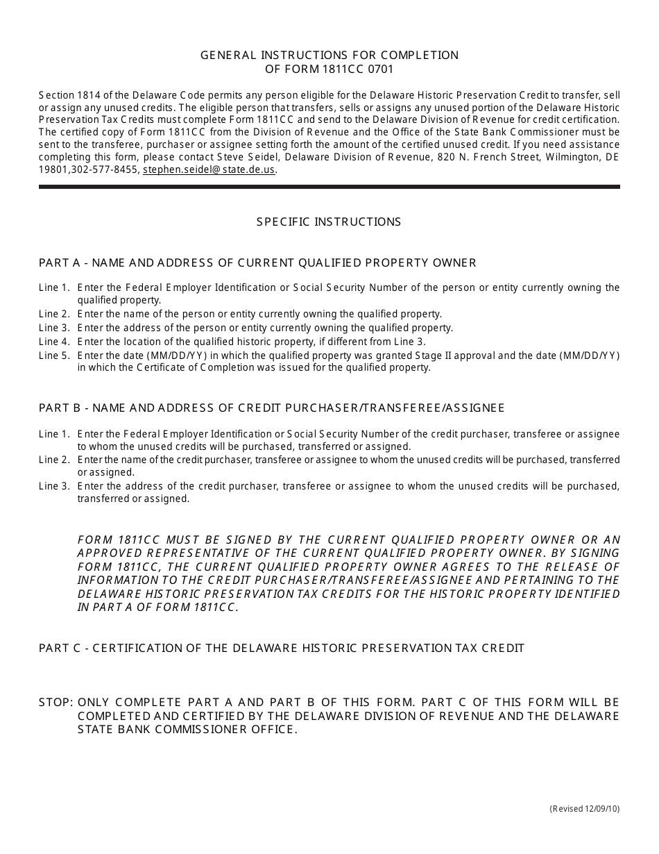 Form 1811CC 0701 Certification of Unused Delaware Historic Preservation Tax Credit - Delaware, Page 2
