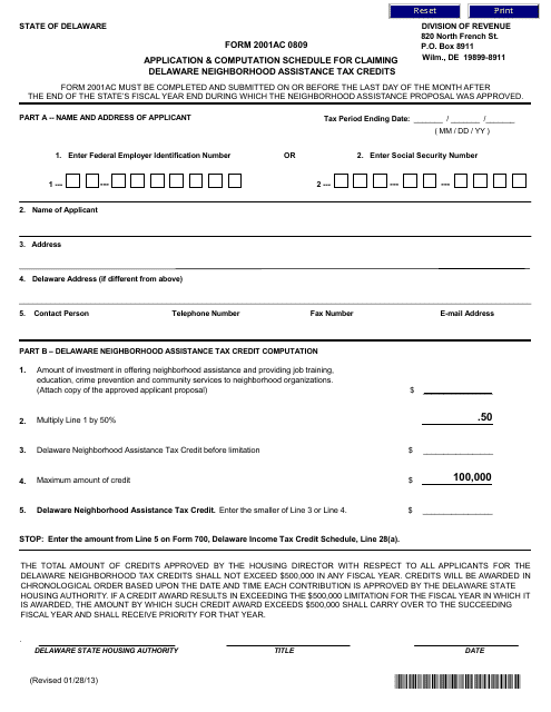 Form 2001AC 0809  Printable Pdf