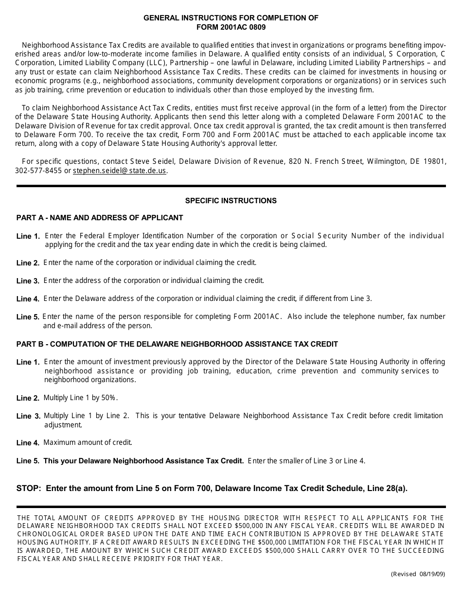 Form 2001AC 0809 Application  Computation Schedule for Claiming Delaware Neighborhood Assistance Tax Credits - Delaware, Page 2