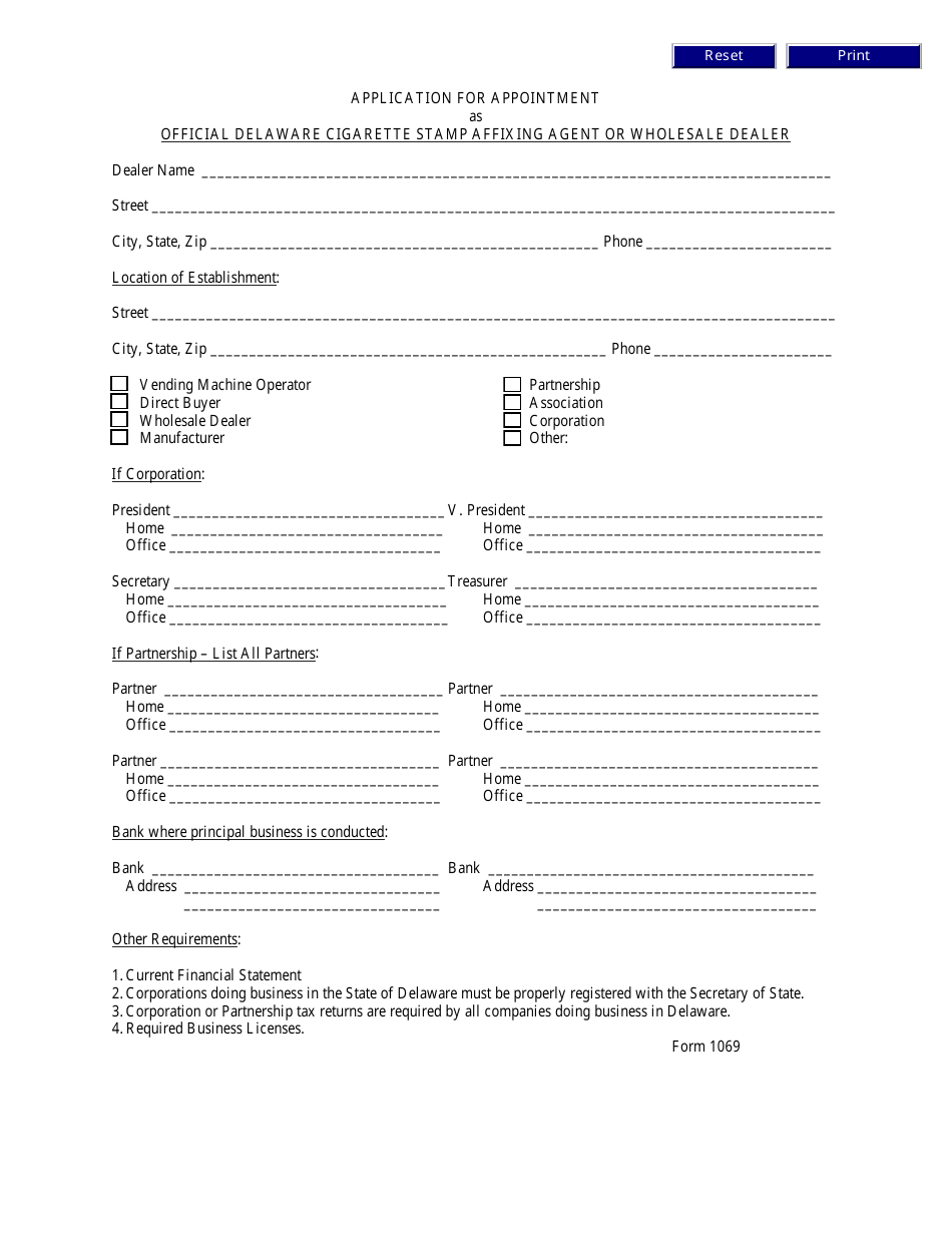 Form 1069 Application for Appointment as Official Delaware Cigarette Stamp Affixing Agent or Wholesale Dealer - Delaware, Page 1