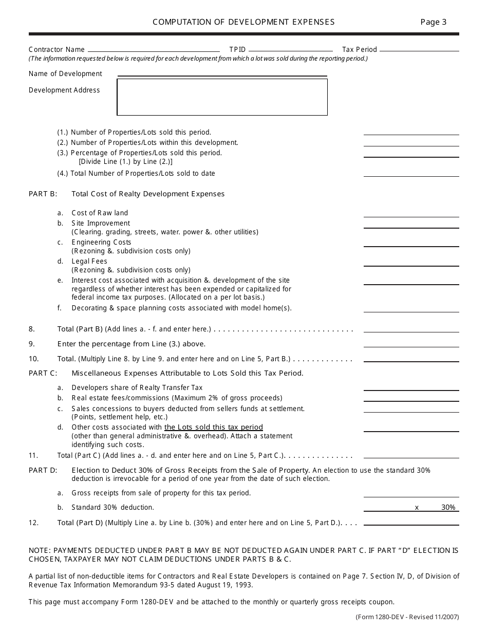 Form 1280-DEV Deductions for Amounts Paid to Subcontractors by Contractors and Deductions for Development of Realty - Delaware, Page 3