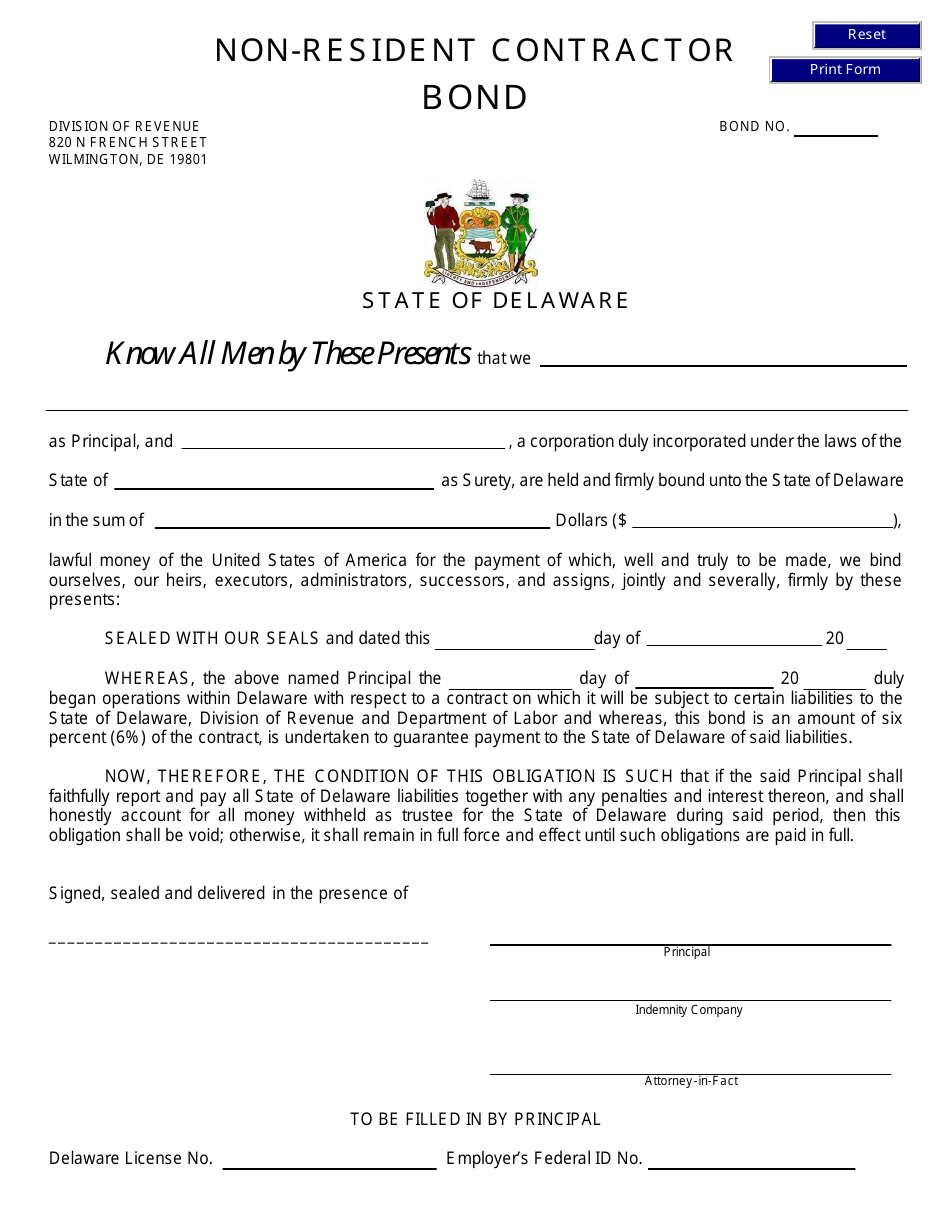 Delaware Nonresident Contractor Bond Fill Out, Sign Online and
