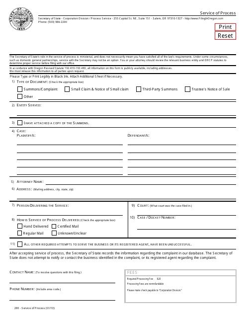 Form 280 Download Fillable PDF Or Fill Online Service Of Process Oregon 