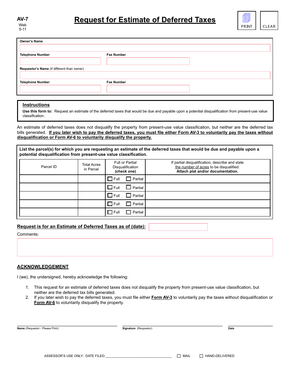 Form AV-7 Request for Estimate of Deferred Taxes - North Carolina, Page 1