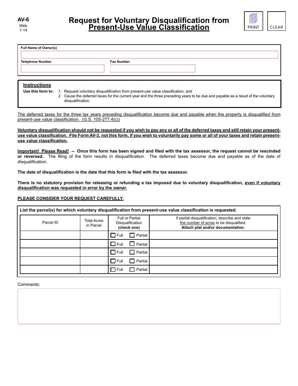 Form AV-6 Request for Voluntary Disqualification From Present-Use Value Classification - North Carolina, Page 1