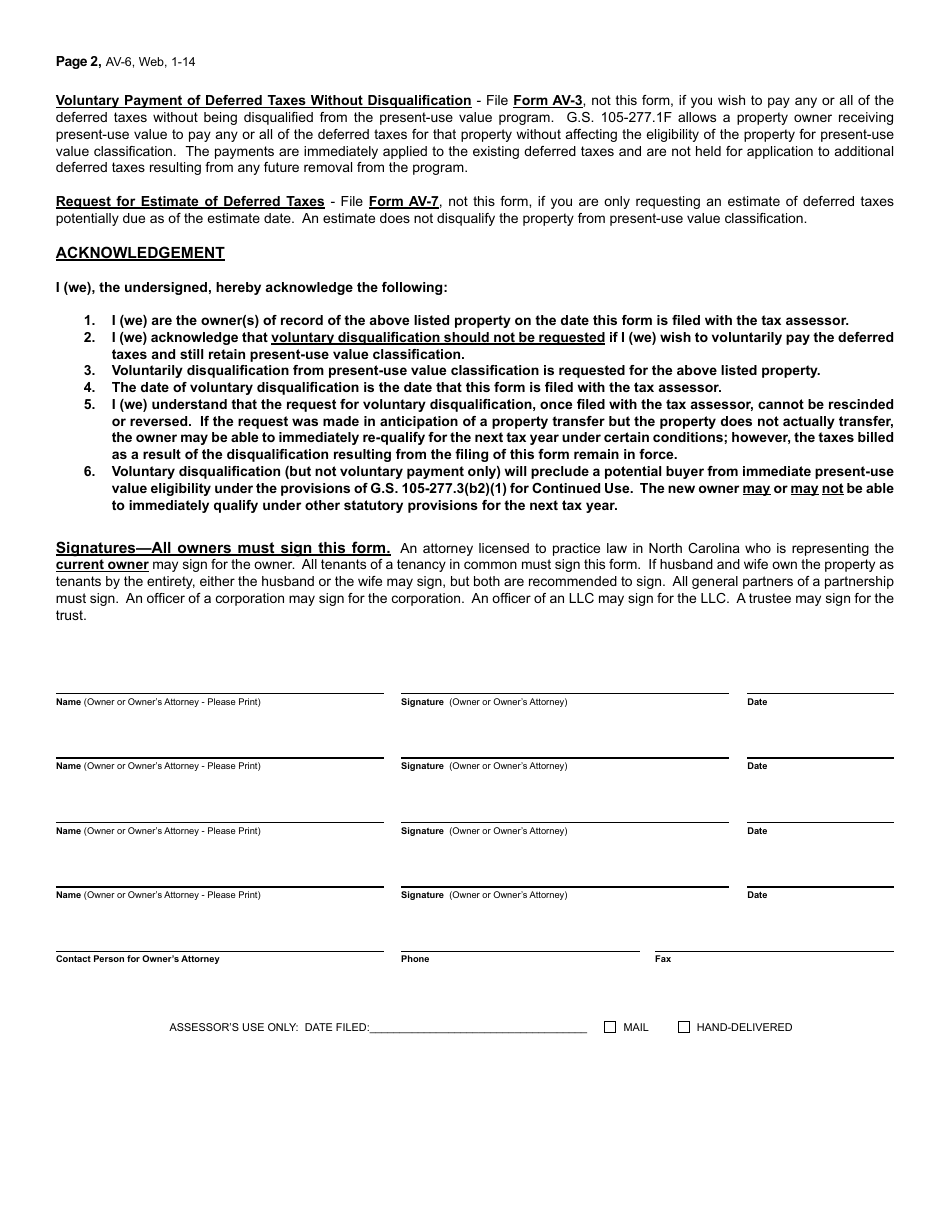 Form AV-6 Request for Voluntary Disqualification From Present-Use Value Classification - North Carolina, Page 2