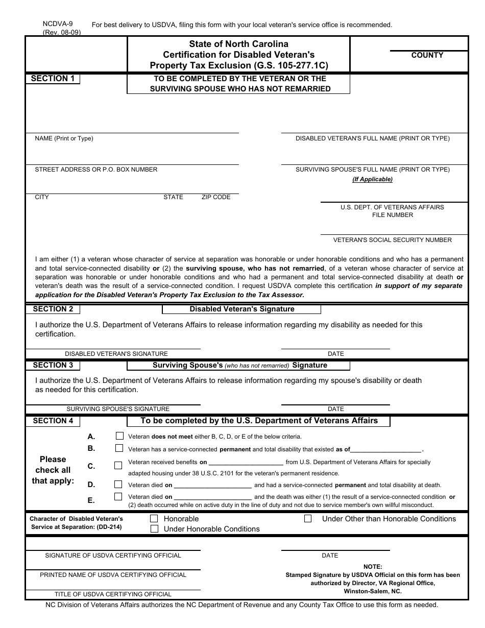 Form NCDVA-9 Certification of Disabled Veterans for Property Tax Exclusion - North Carolina, Page 1
