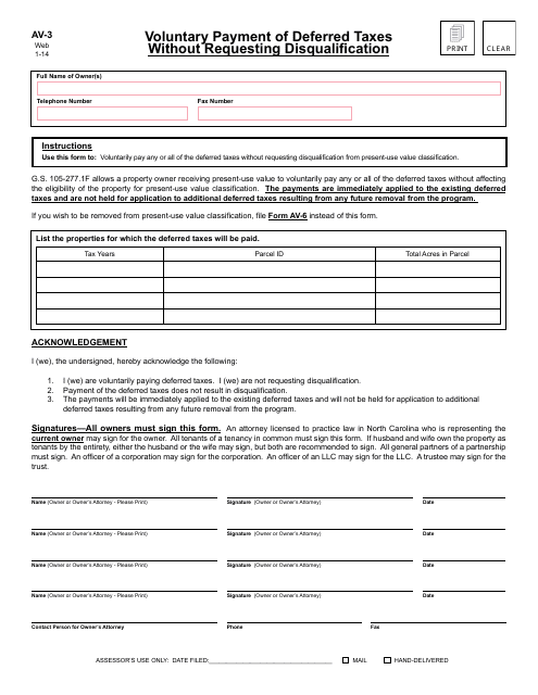 Form AV-3 Voluntary Payment of Deferred Taxes Without Requesting Disqualification - North Carolina