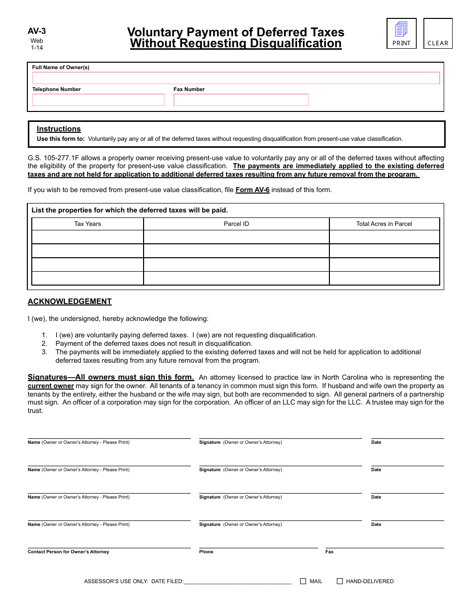 Form AV-3 Voluntary Payment of Deferred Taxes Without Requesting Disqualification - North Carolina, Page 1