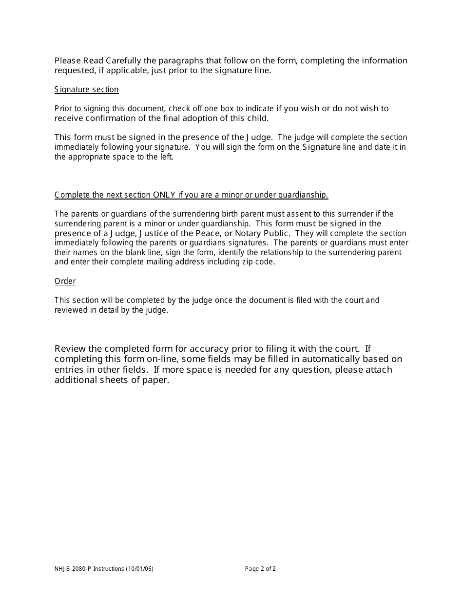 Instructions for Form NHJB-2080-FP Surrender of Parental Rights - New Hampshire, Page 2