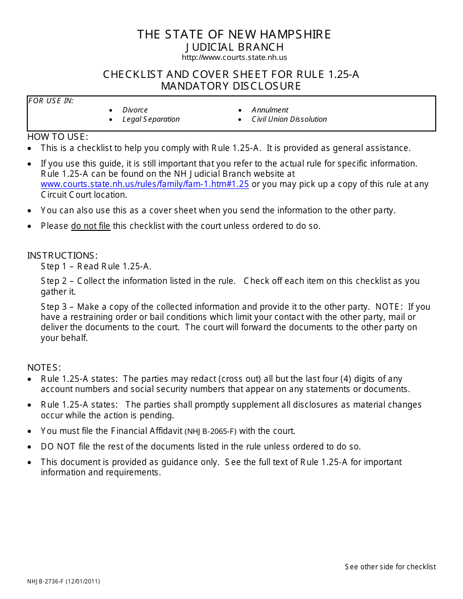 Form NHJB-2736-F Checklist and Cover Sheet for Rule 1.25-a Mandatory Disclosure - New Hampshire, Page 1