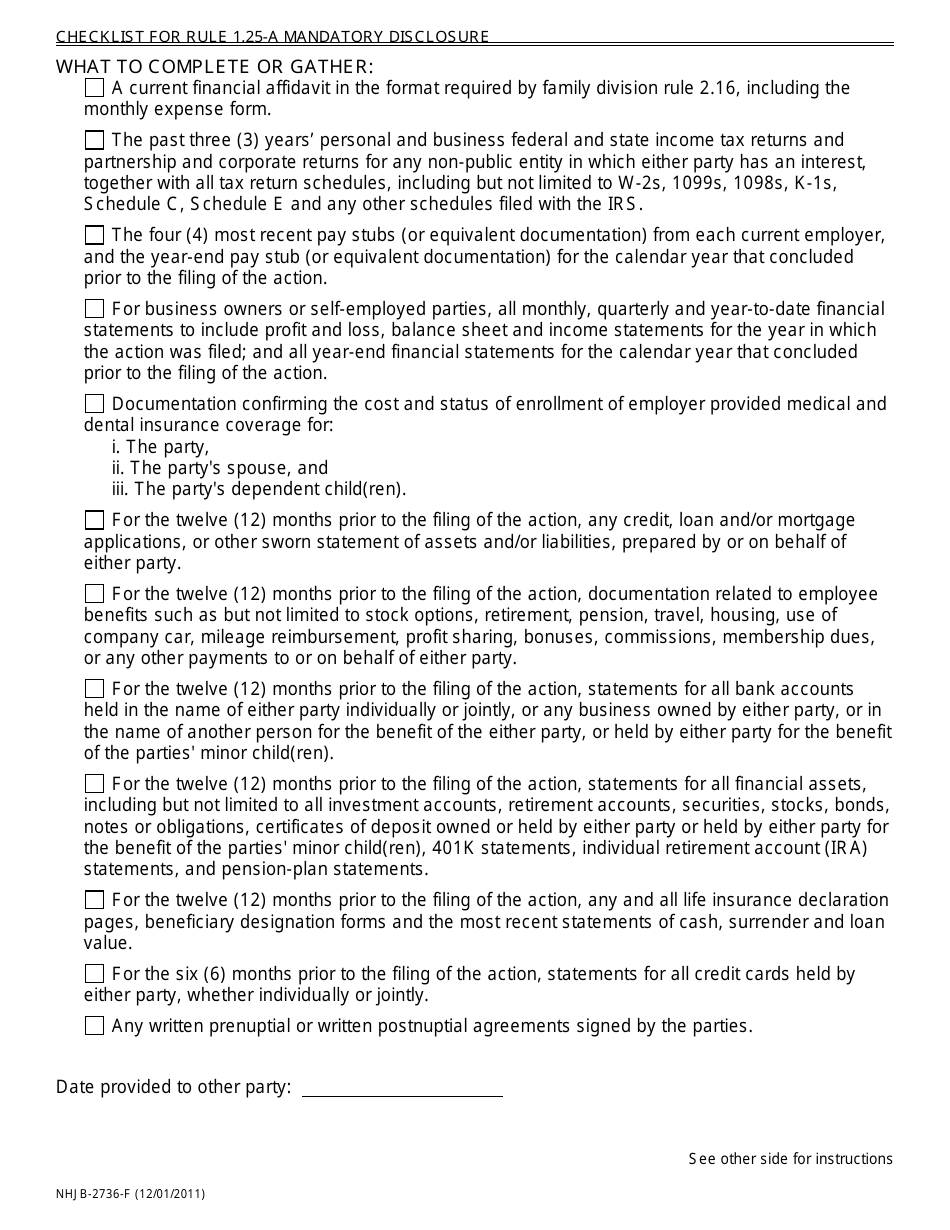 Form NHJB-2736-F Checklist and Cover Sheet for Rule 1.25-a Mandatory Disclosure - New Hampshire, Page 2