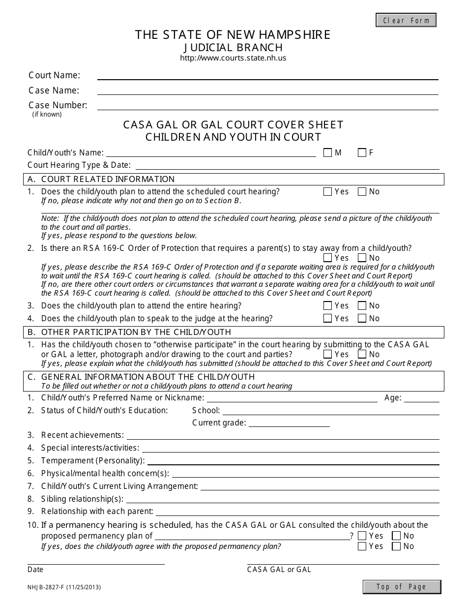 Form NHJB-2827-F Casa Gal or Gal Court Cover Sheet - New Hampshire, Page 1