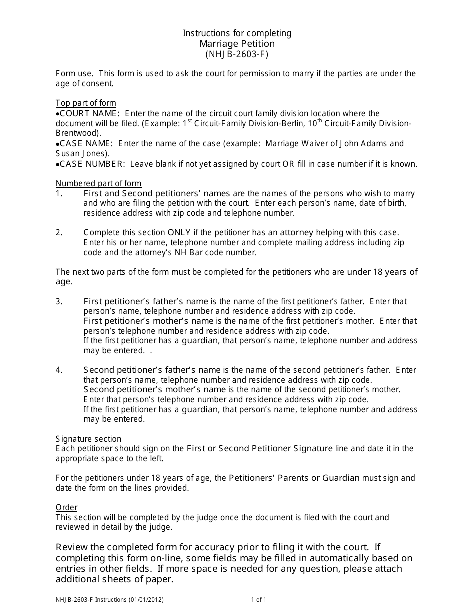 Instructions for Form NHJB-2603-F Marriage Petition - New Hampshire, Page 1