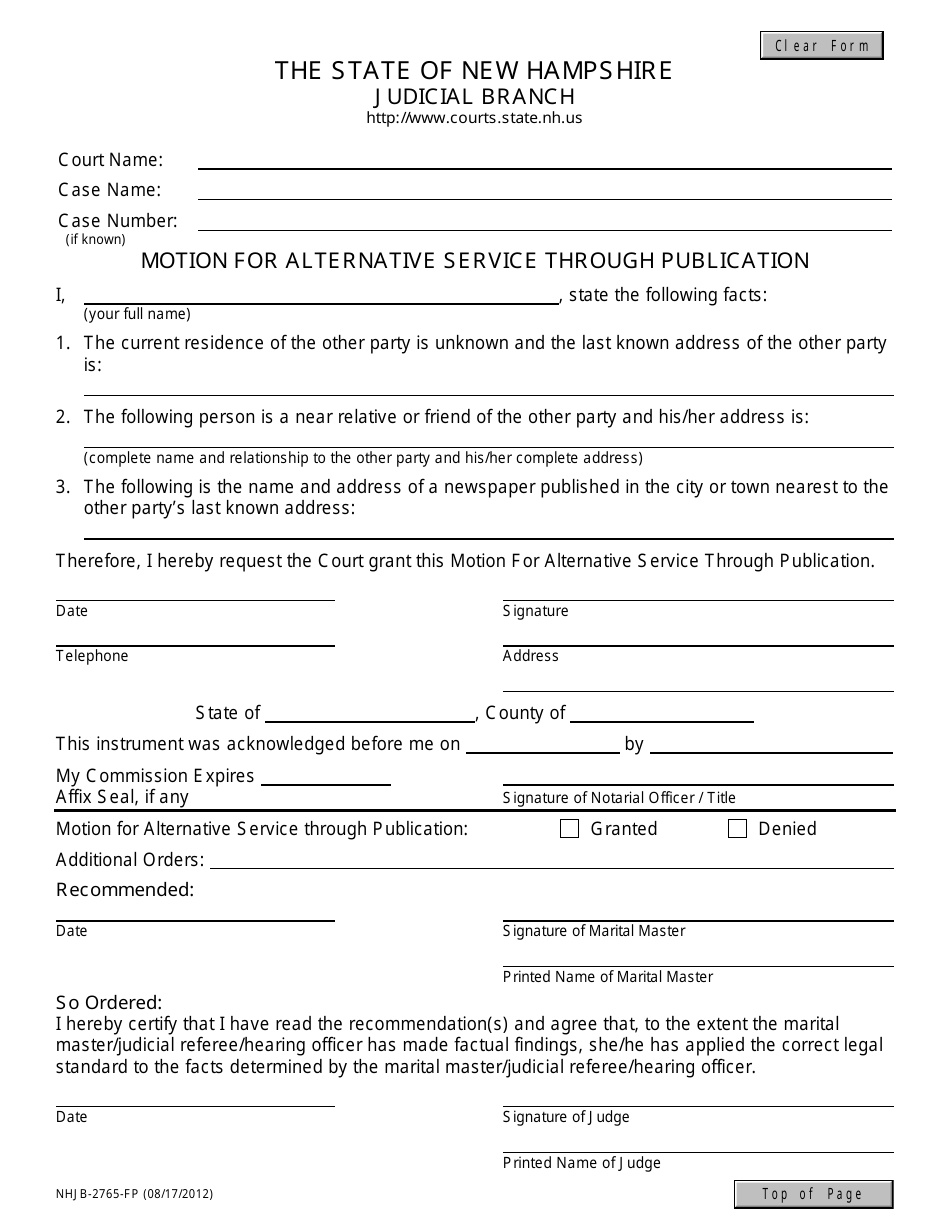 Form NHJB-2765-FP Motion for Alternative Service Through Publication - New Hampshire, Page 1