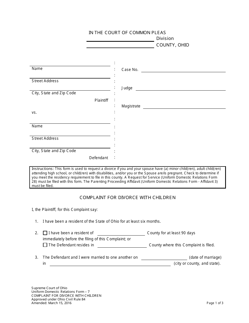 Uniform Domestic Relations Form 7 Complaint for Divorce With Children - Ohio, Page 1