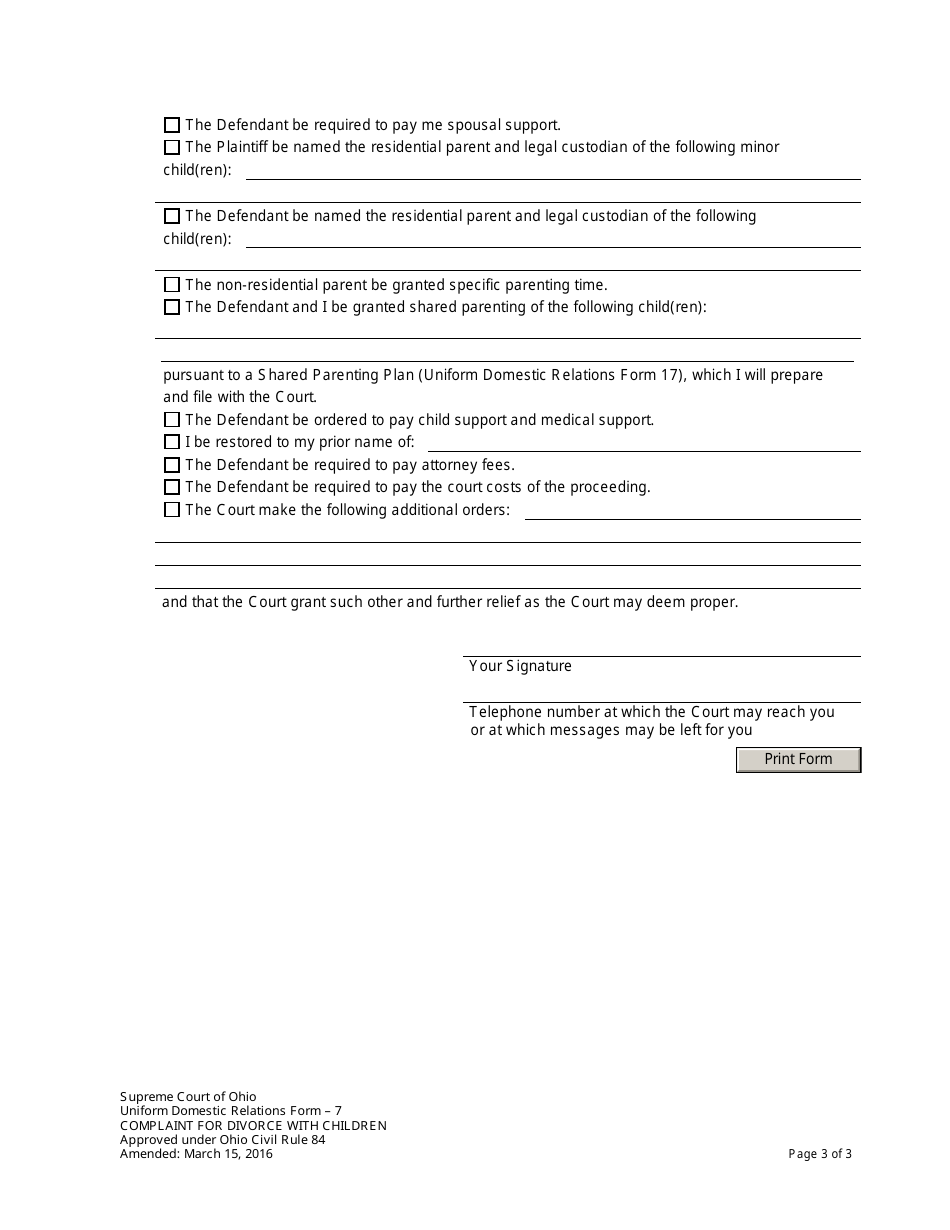 Uniform Domestic Relations Form 7 Complaint for Divorce With Children - Ohio, Page 3