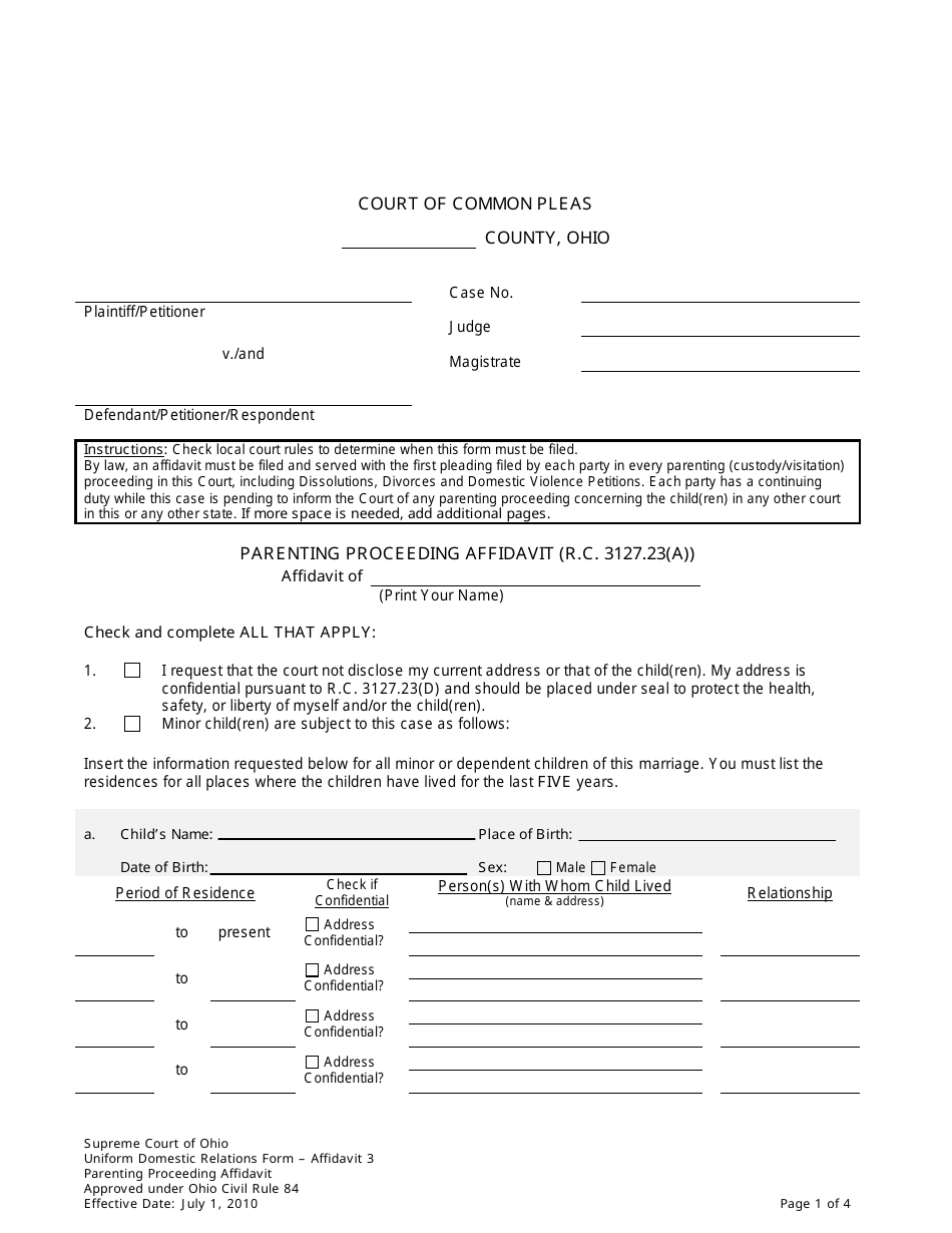 Affidavit 3 Parenting Proceeding Affidavit (R.c 3127.23(A)) - Ohio, Page 1