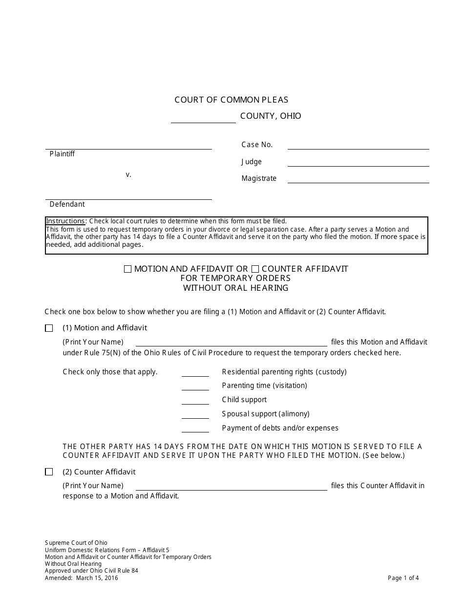 Ohio Motion and Affidavit or Counter Affidavit for Temporary Orders ...