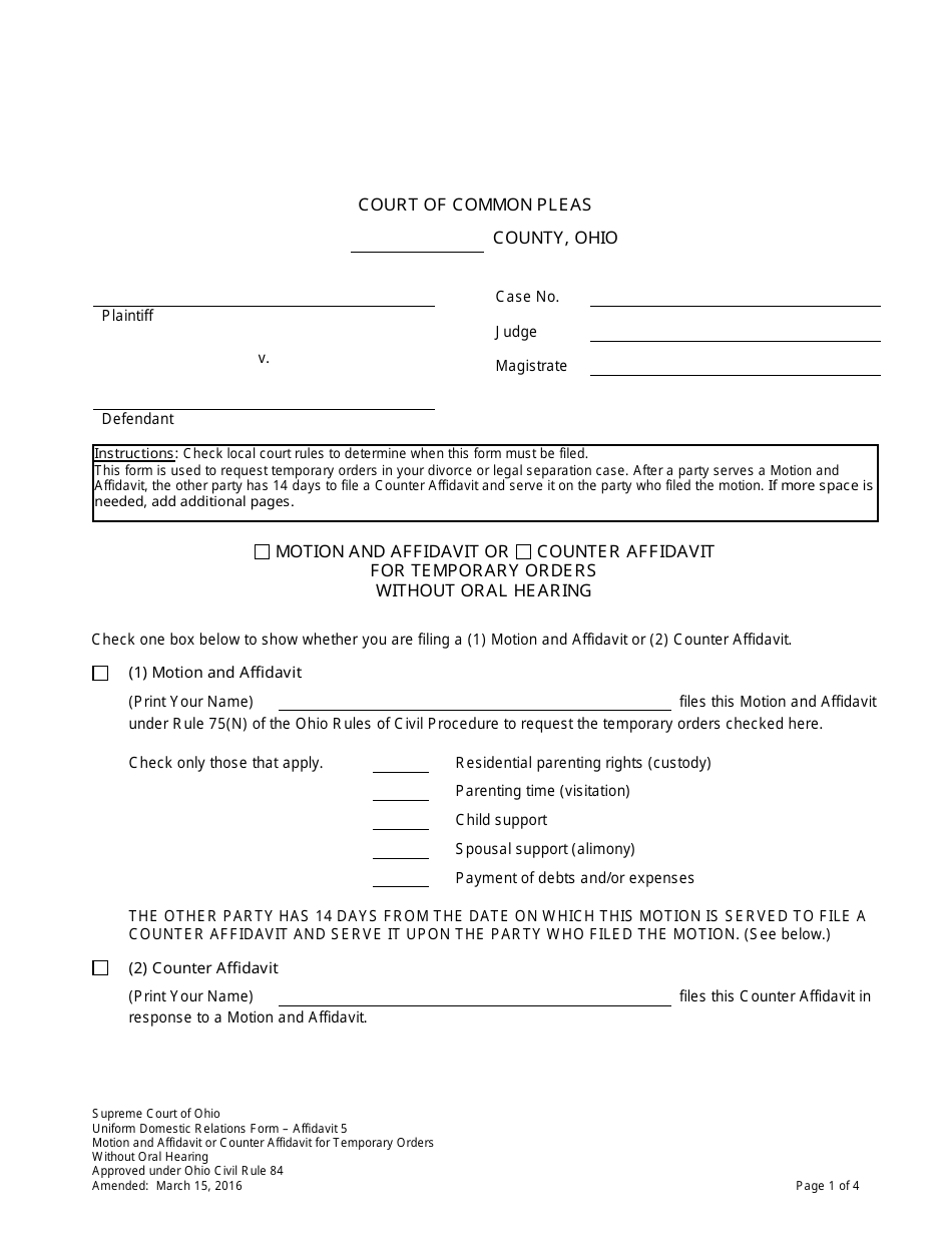 Affidavit 5 Motion and Affidavit or Counter Affidavit for Temporary Orders - Ohio, Page 1