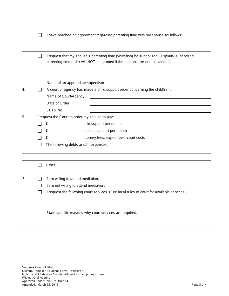 Affidavit 5 Motion and Affidavit or Counter Affidavit for Temporary Orders - Ohio, Page 3