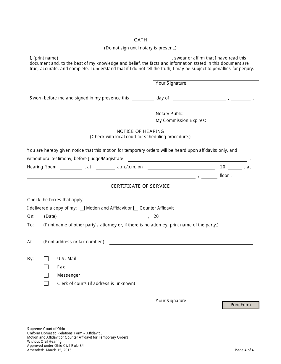 Ohio Motion and Affidavit or Counter Affidavit for Temporary Orders ...