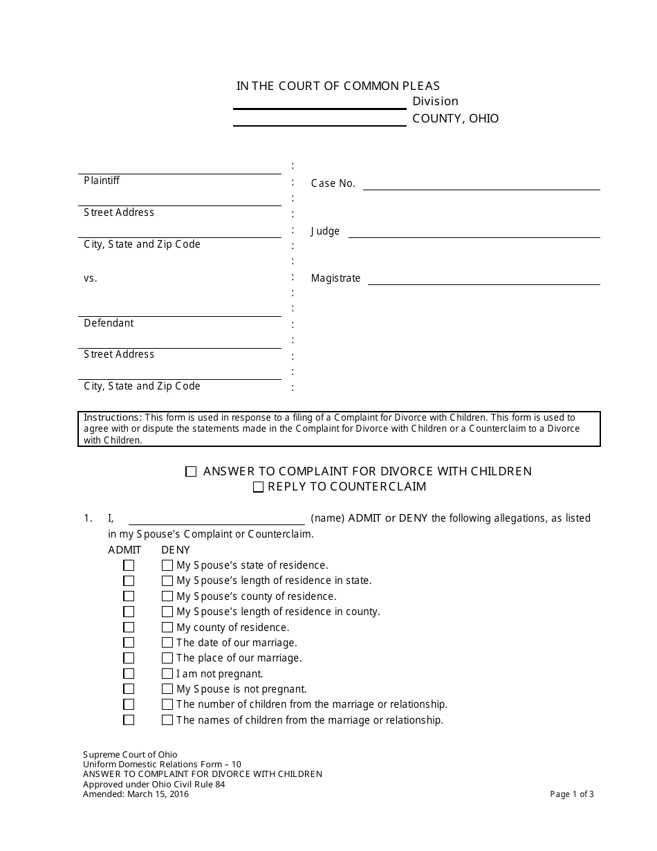 Uniform Domestic Relations Form 10 Answer to Complaint for Divorce With Children - Ohio, Page 1
