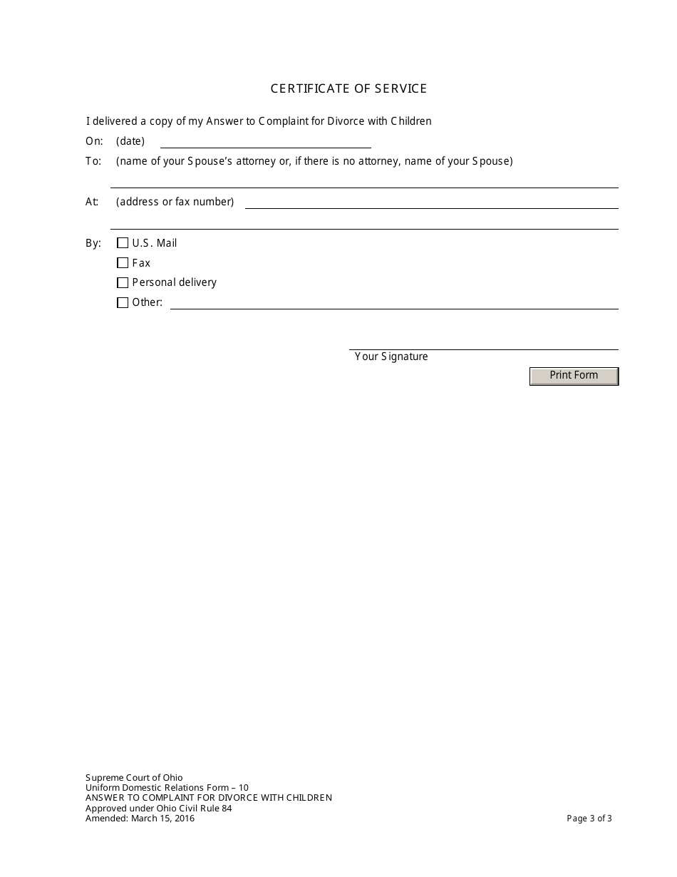 Uniform Domestic Relations Form 10 Answer to Complaint for Divorce With Children - Ohio, Page 3