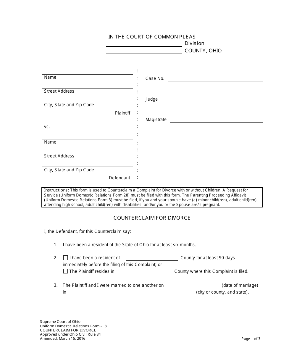 Uniform Domestic Relations Form 8 Counterclaim for Divorce - Ohio, Page 1