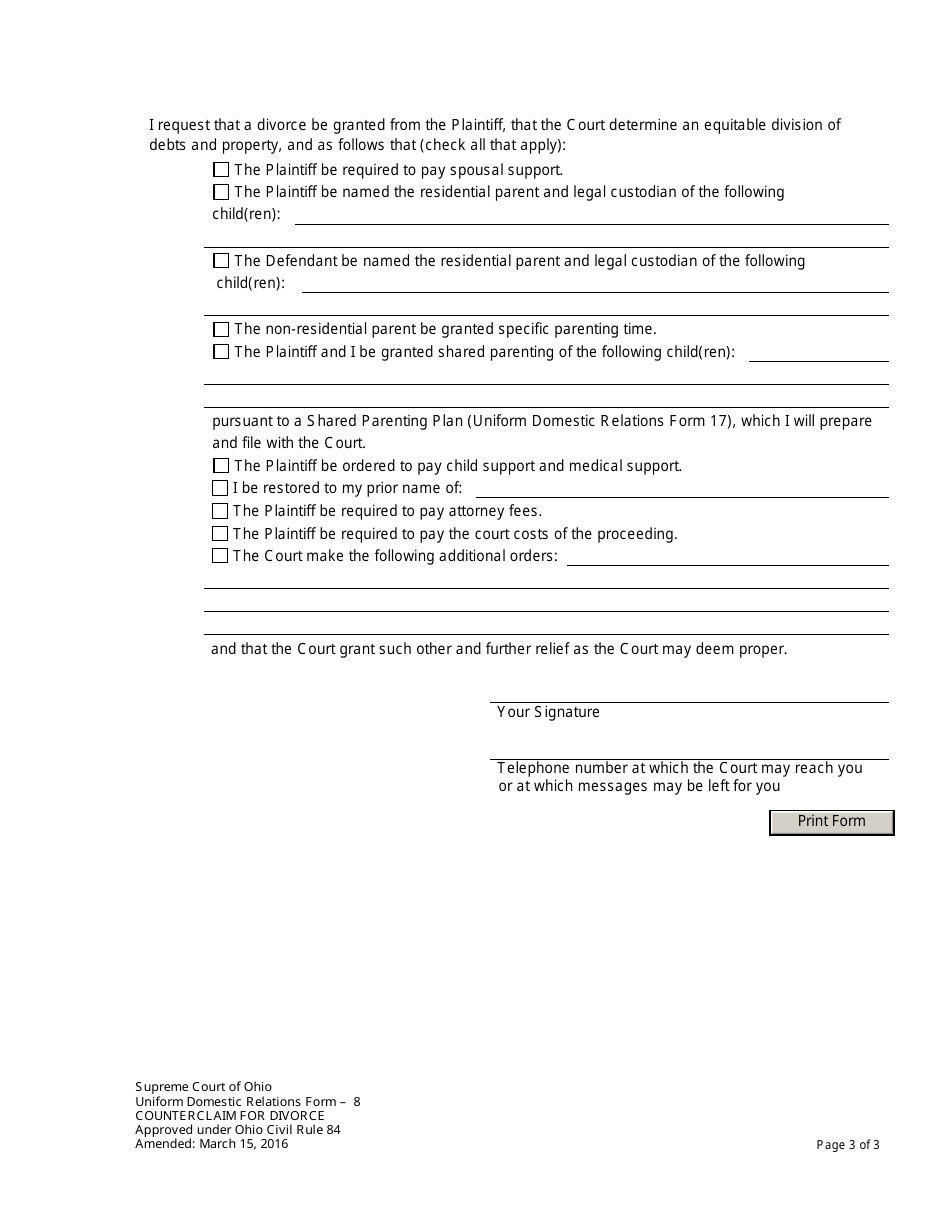 Uniform Domestic Relations Form 8 Counterclaim for Divorce - Ohio, Page 3