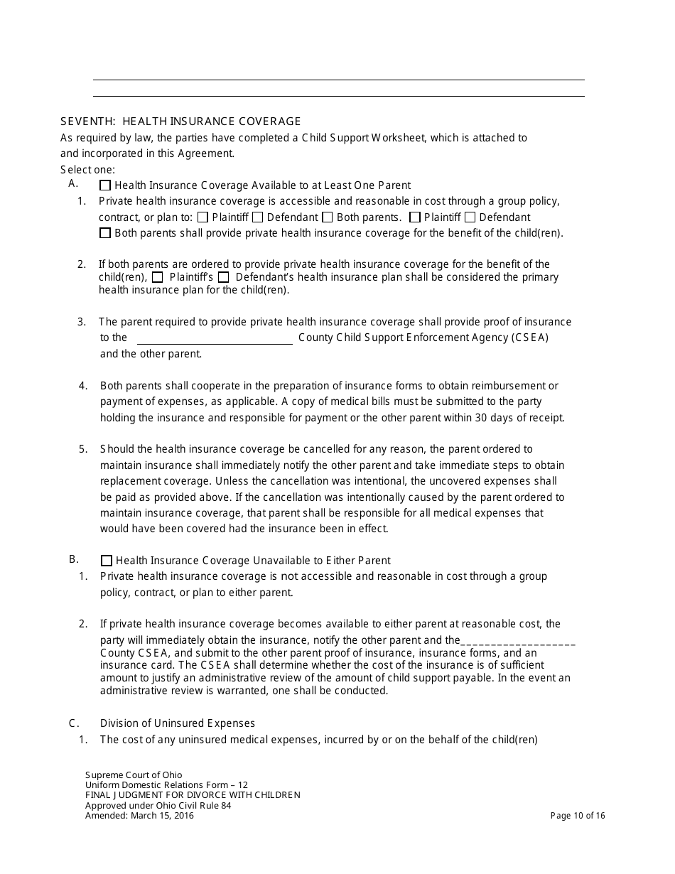 Uniform Domestic Relations Form 12 Final Judgment for Divorce With Children - Ohio, Page 10