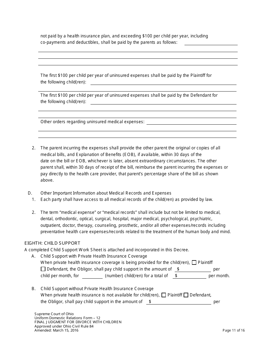 Uniform Domestic Relations Form 12 Final Judgment for Divorce With Children - Ohio, Page 11