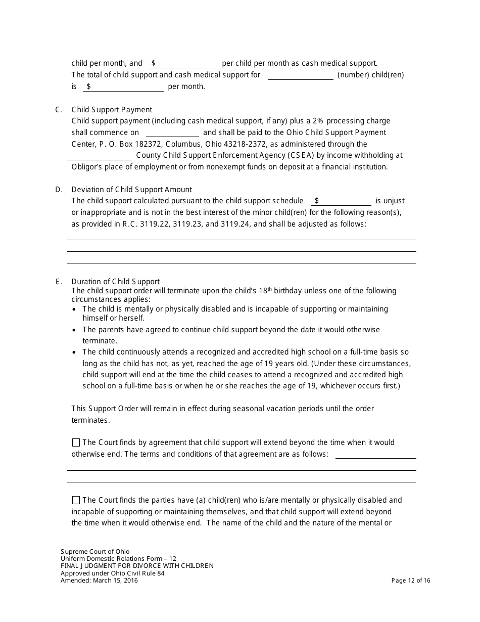 Uniform Domestic Relations Form 12 Final Judgment for Divorce With Children - Ohio, Page 12