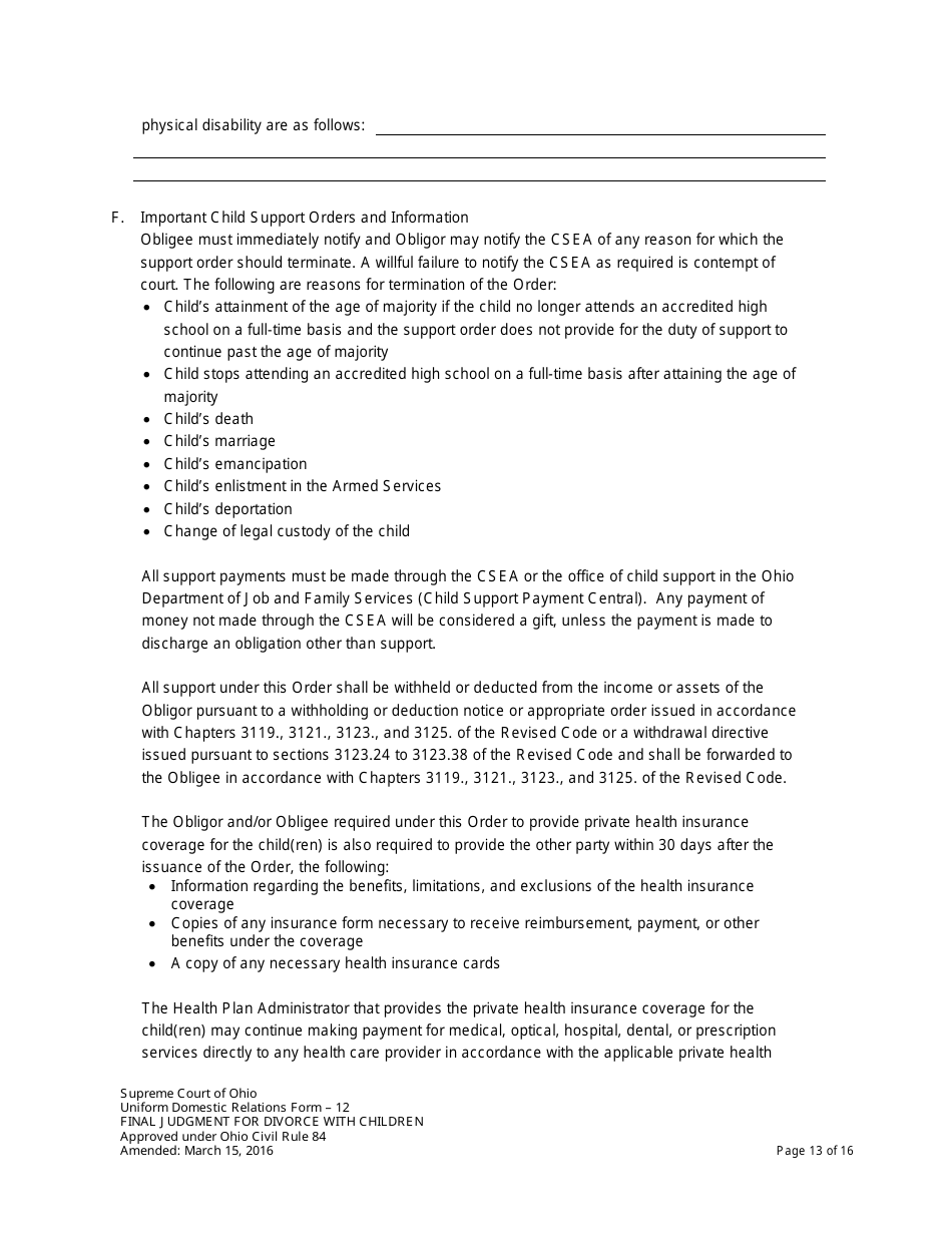 Uniform Domestic Relations Form 12 Final Judgment for Divorce With Children - Ohio, Page 13