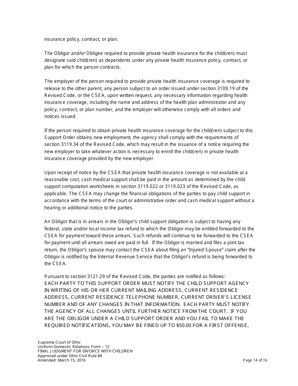 Uniform Domestic Relations Form 12 Final Judgment for Divorce With Children - Ohio, Page 14