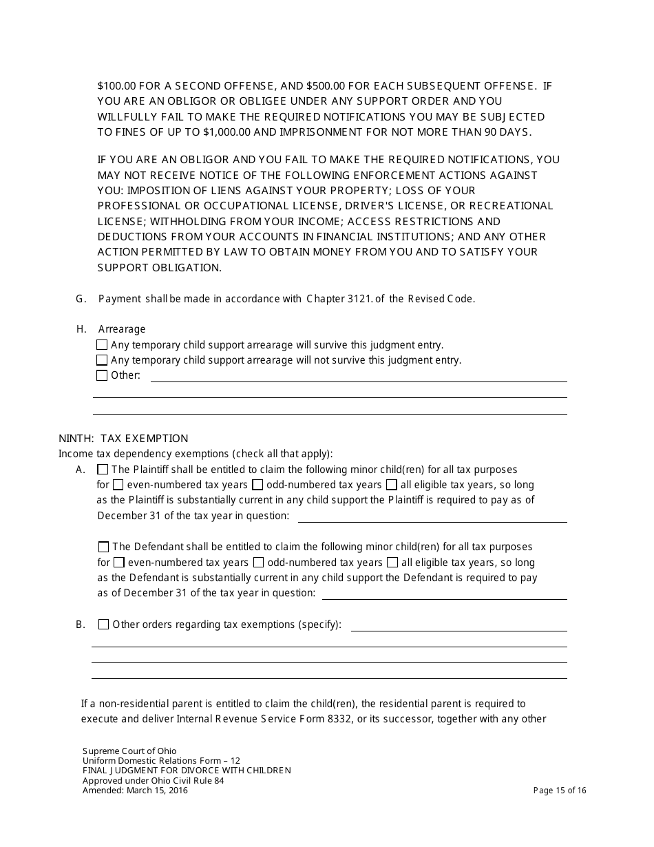 Uniform Domestic Relations Form 12 Final Judgment for Divorce With Children - Ohio, Page 15