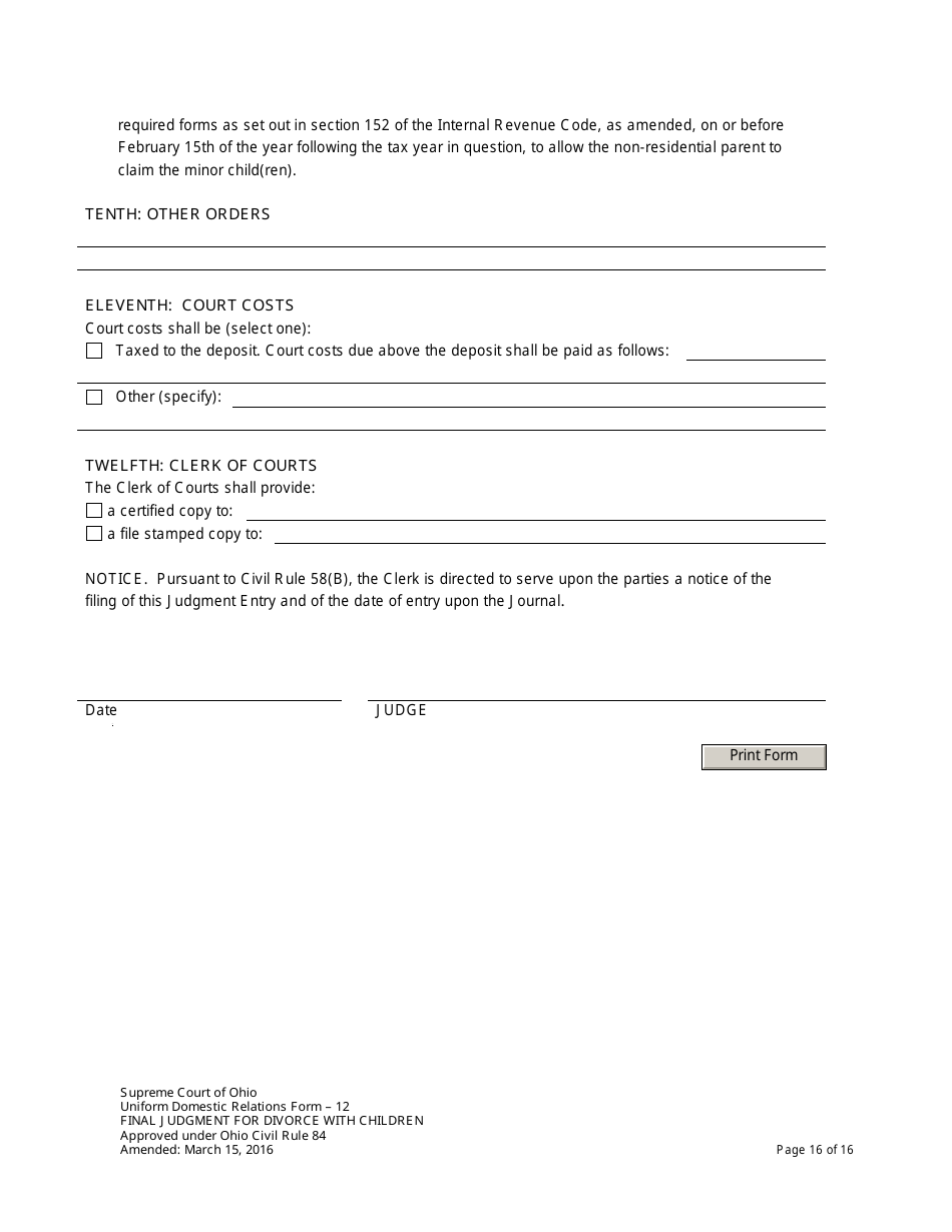 Uniform Domestic Relations Form 12 Final Judgment for Divorce With Children - Ohio, Page 16