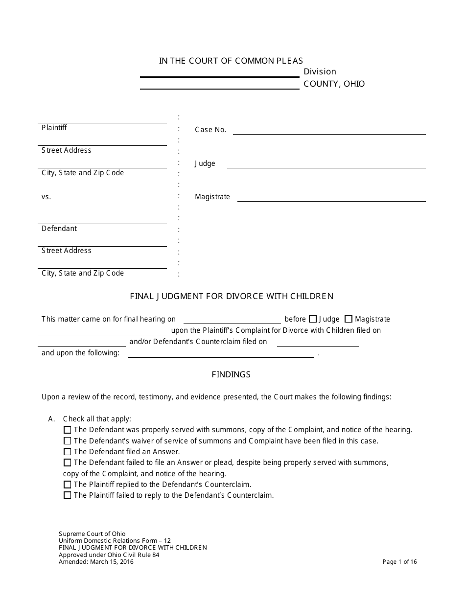 Uniform Domestic Relations Form 12 Final Judgment for Divorce With Children - Ohio, Page 1